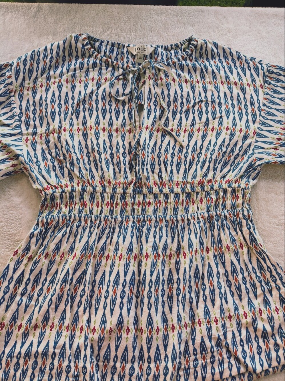 Joie Ivory Tunic Top with Blue Geometric Print